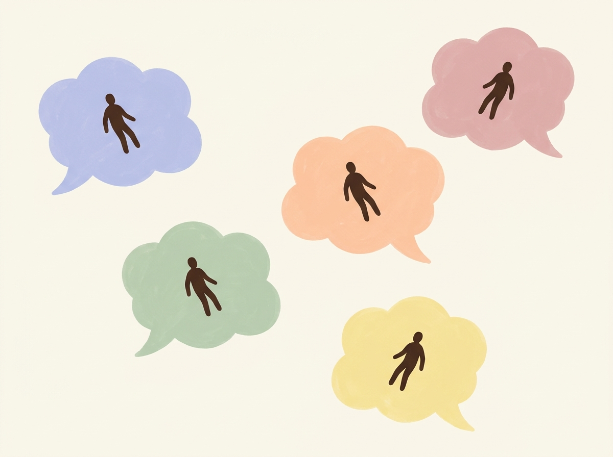 Five separate silhouetted figures, each floating alone inside its own pastel speech bubble, disconnected from the others