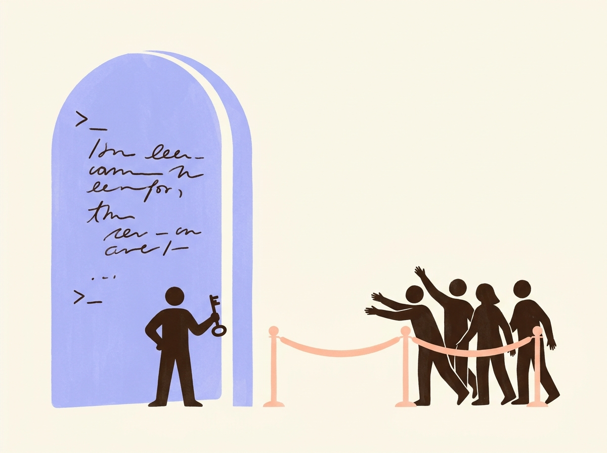 One figure stands inside a glowing terminal doorway holding a key, while a group of other figures wait outside a velvet rope, unable to cross