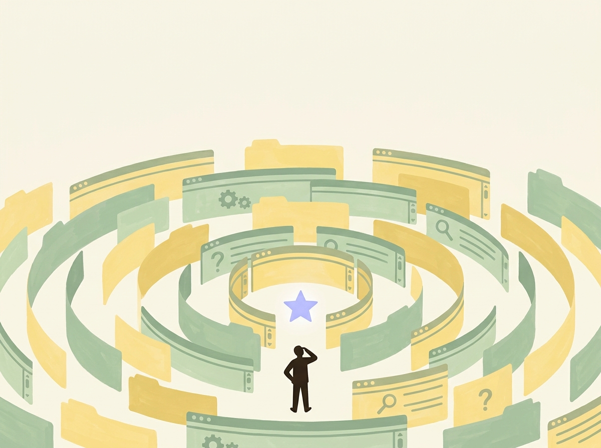 A figure stands at the center of a spiral maze built from file folders and browser windows, with a glowing star just out of reach at the center